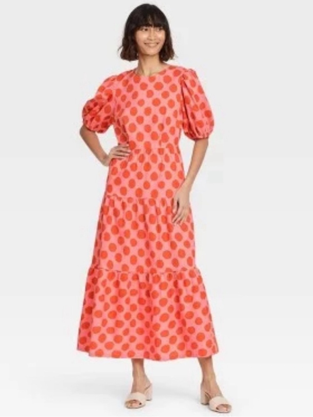 Who What Wear Coral and Red Polka Dot Puff-Sleeve Linen Blend Maxi Dress